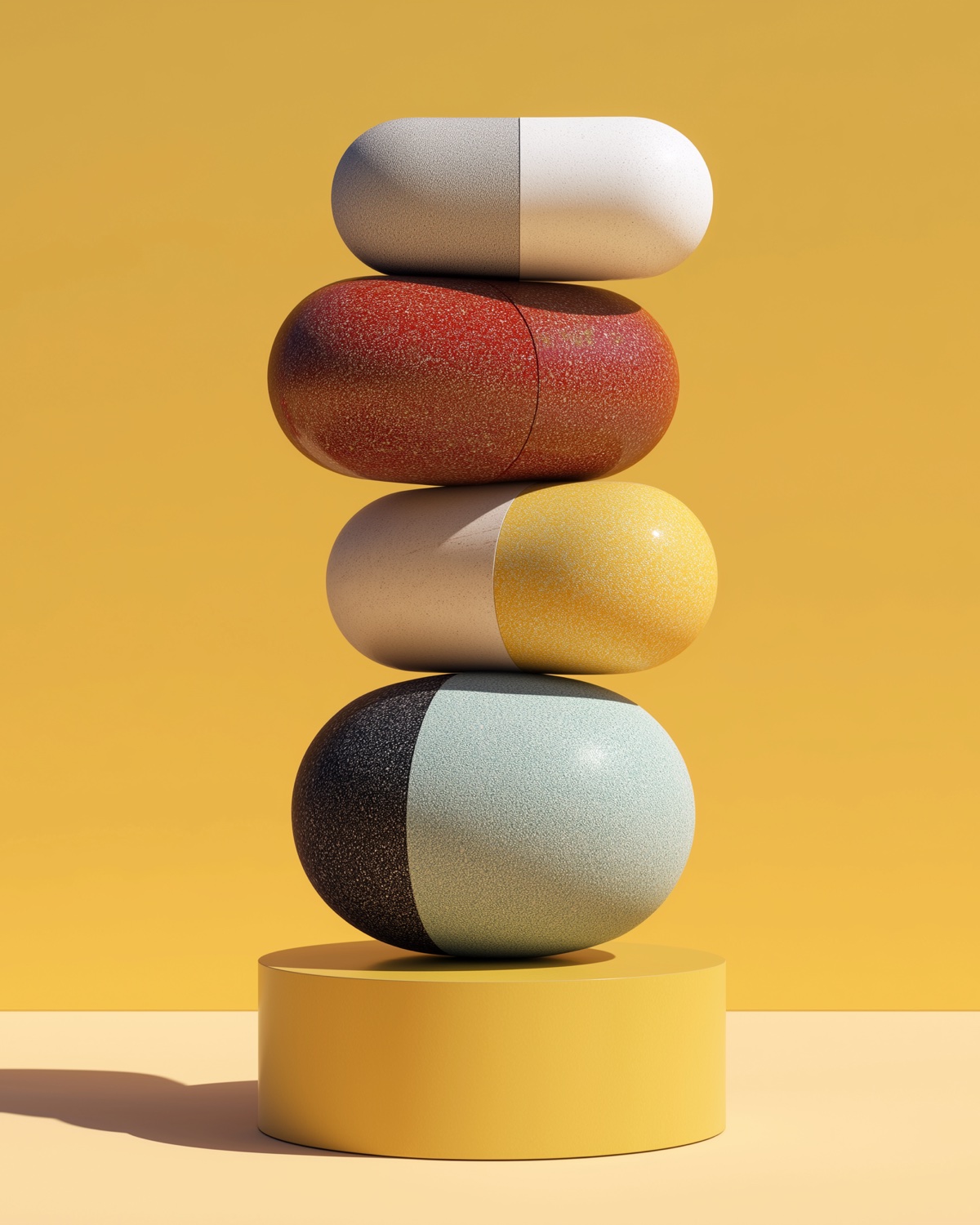 A balanced stack of colorful medication capsules on a podium — safe medication management at home