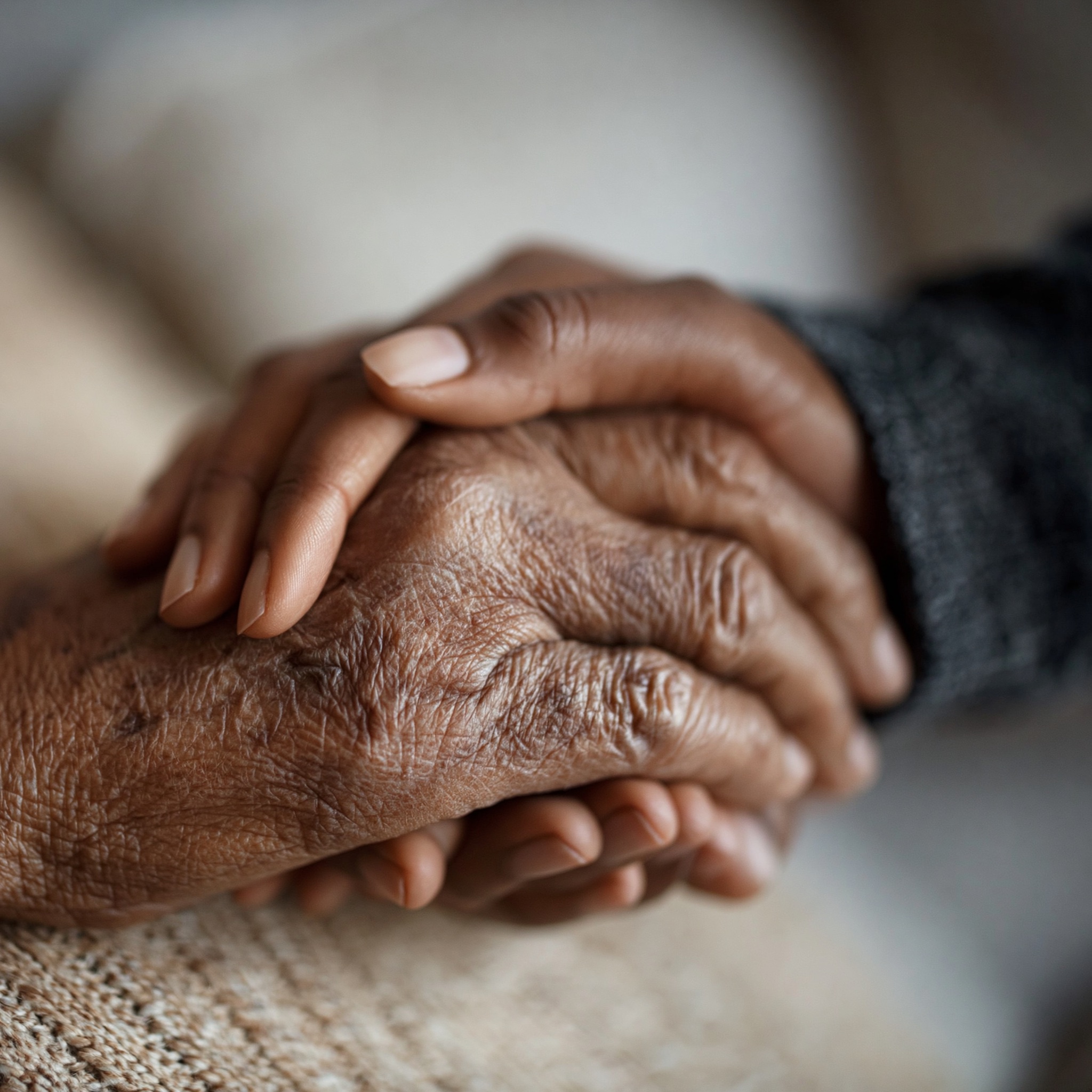 A caregiver's hand holding an older patient's hand in a quiet moment of support at home