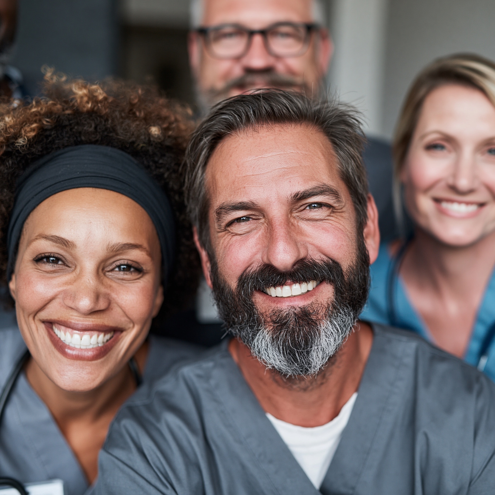 A warm, approachable healthcare team — diverse, smiling, professional