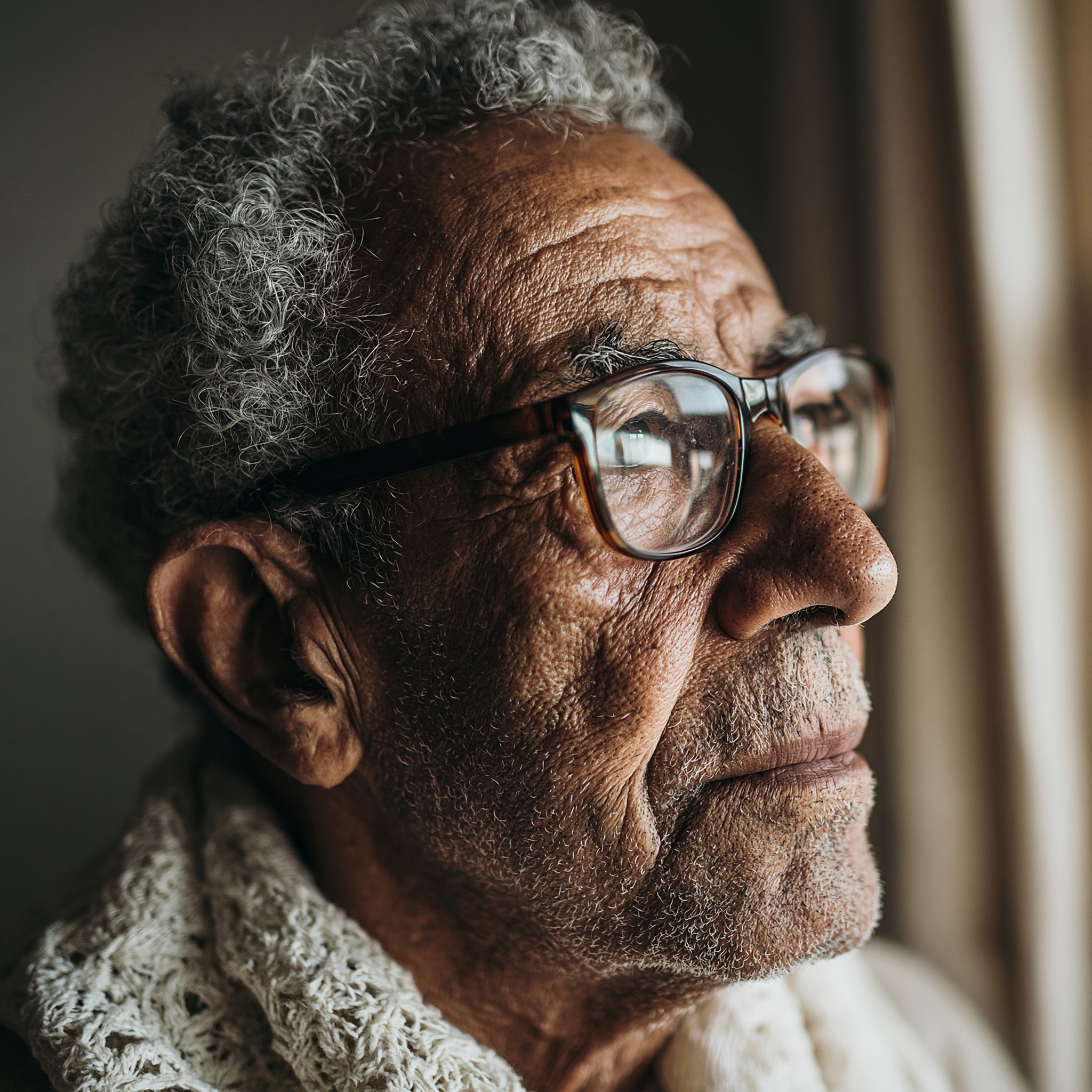 An older Hispanic man at home looking thoughtfully toward a window