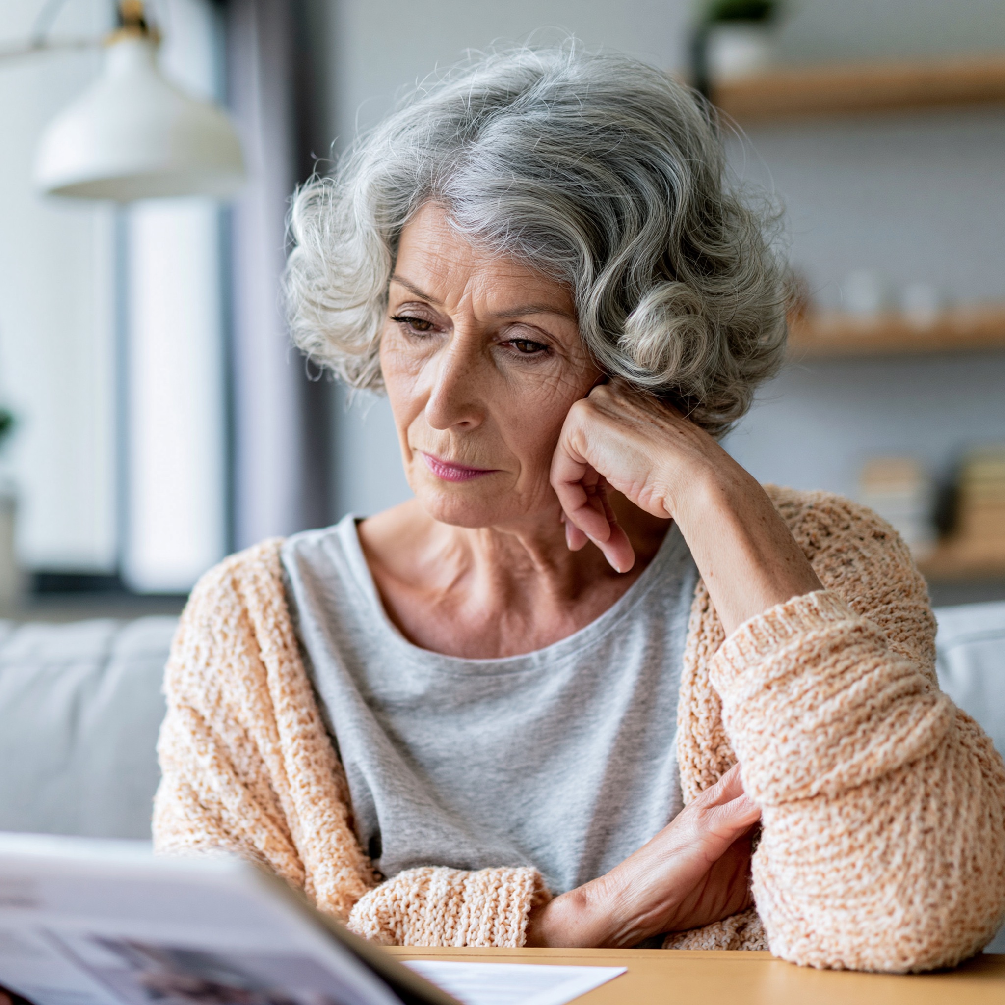An older woman at home thoughtfully reviewing Medicare plan paperwork at a coffee table