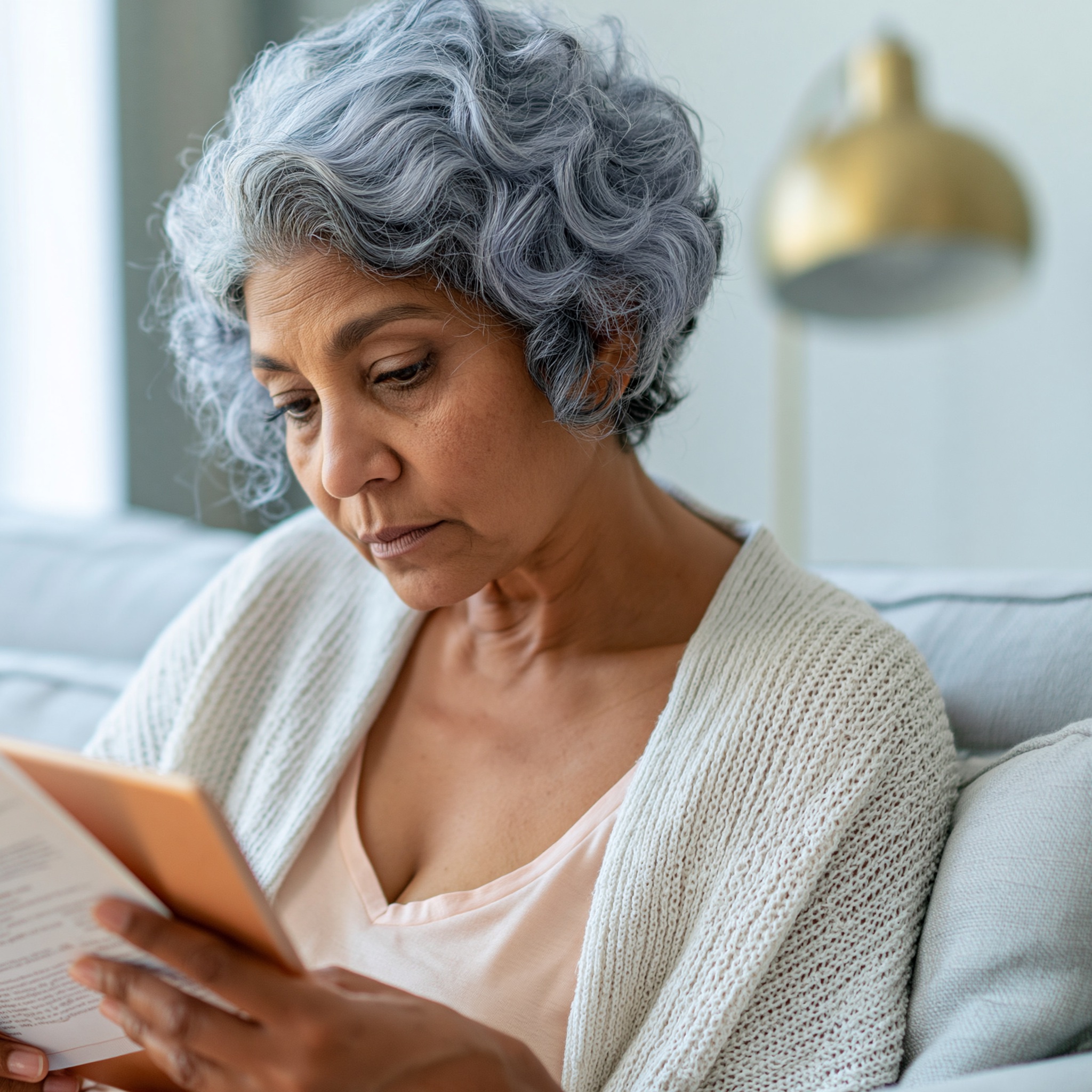 An older Hispanic woman at home reviewing Medicare home health paperwork