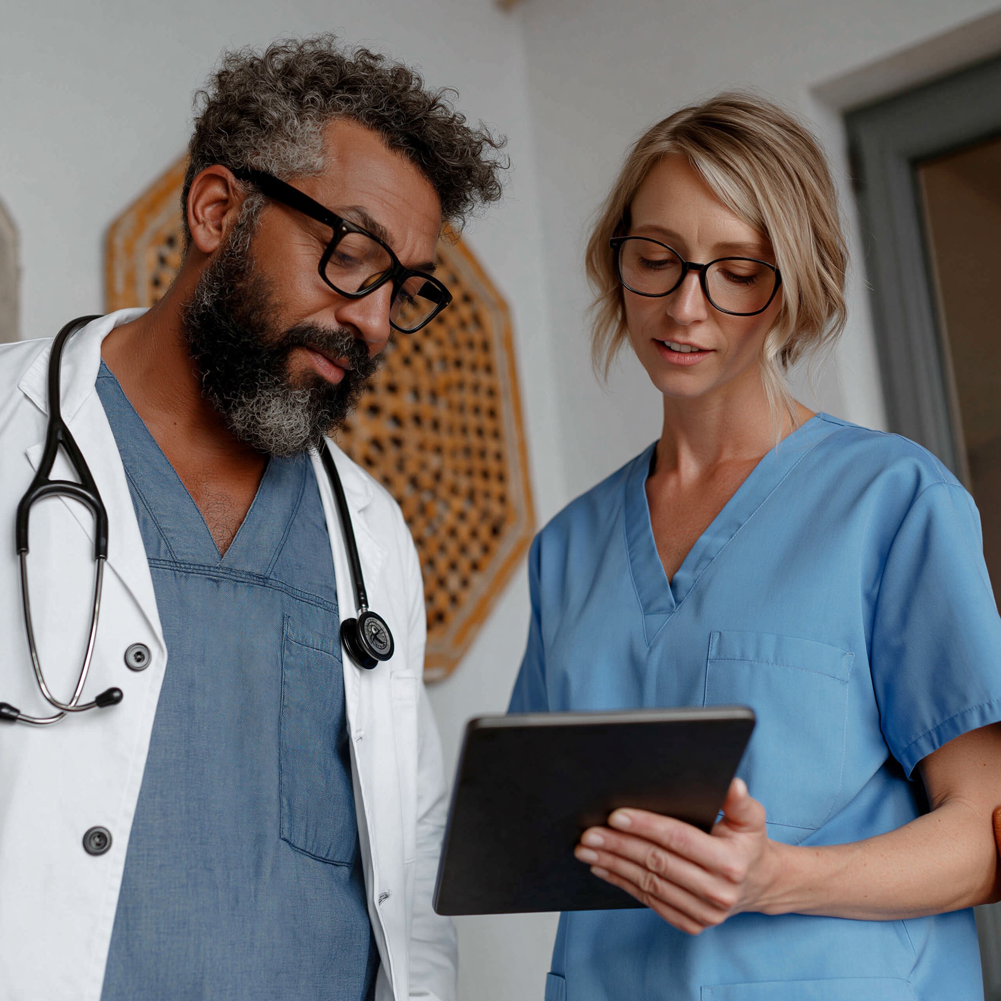 A physician and a home health nurse reviewing a patient's plan of care together on a tablet