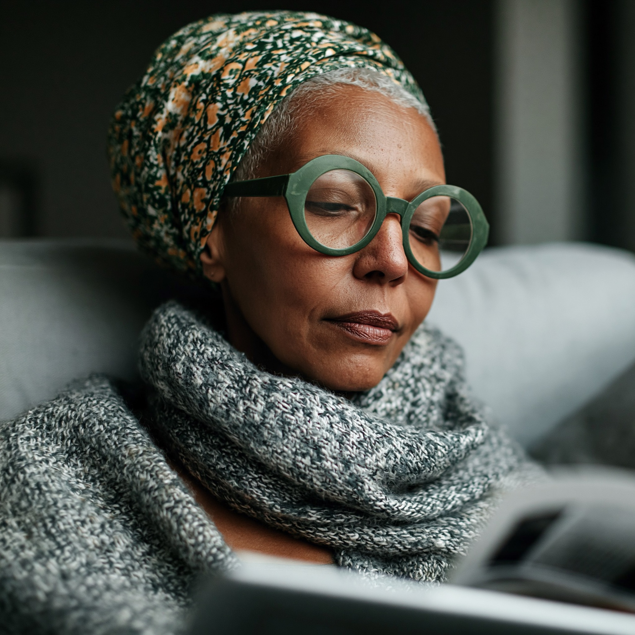 An older Black woman at home in a quiet, contemplative setting