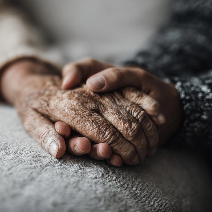 Caregiver's hand resting gently on an elderly patient's hand