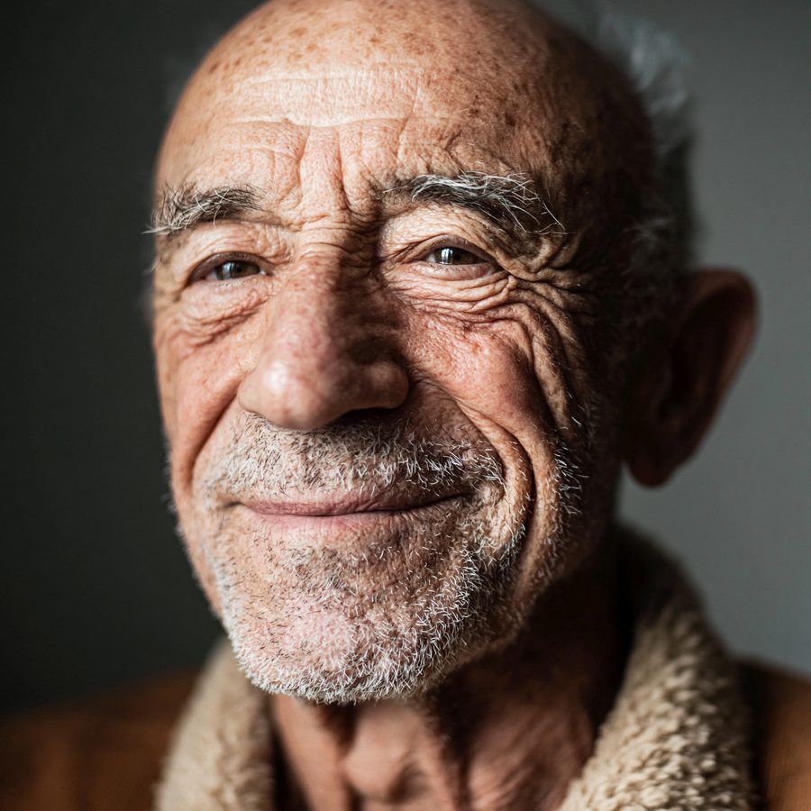 Portrait of an elderly patient — content, smiling, at home