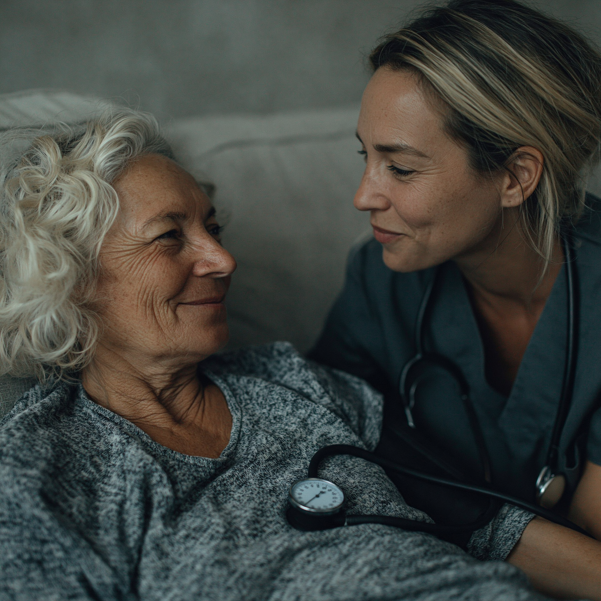 Home health nurse checking oxygen levels and vitals for a COPD patient at home