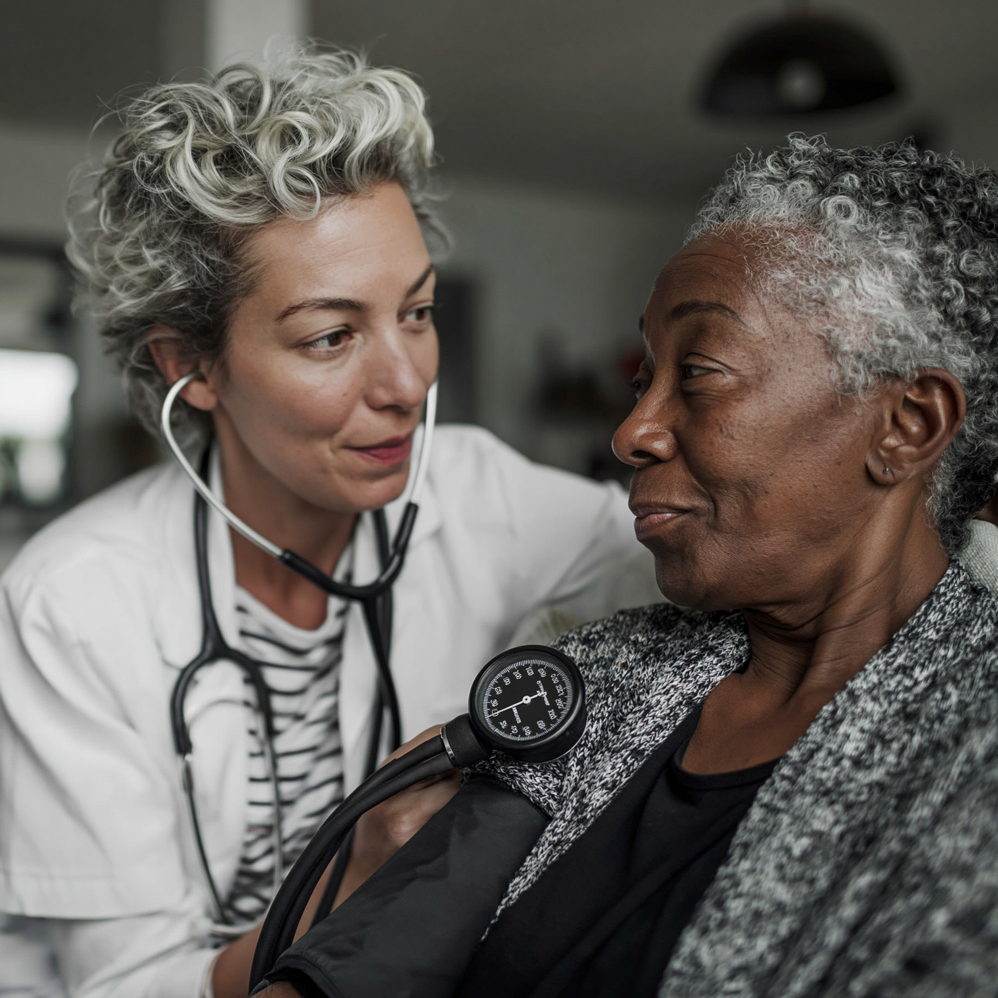 Licensed registered nurse checking patient vitals at home
