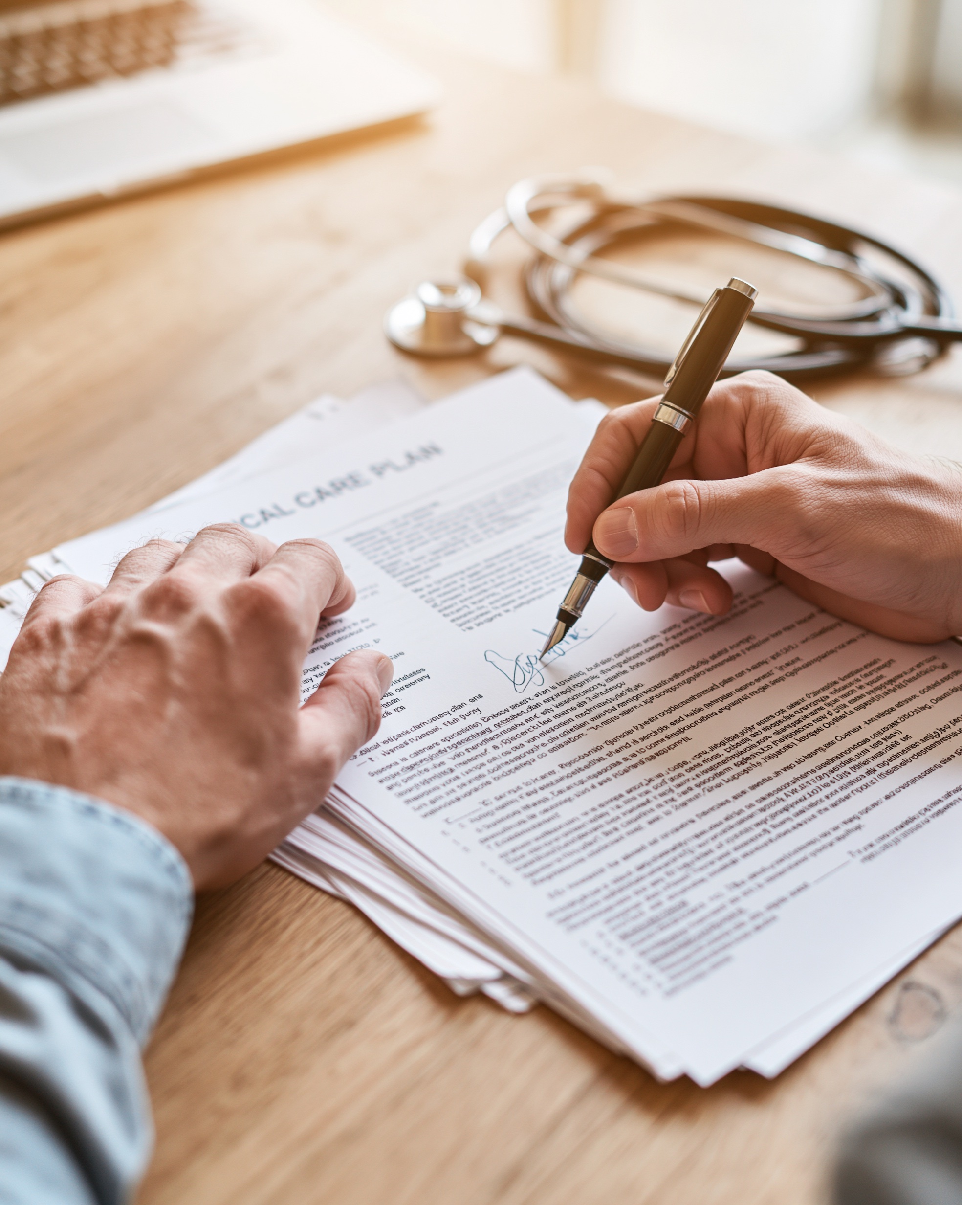 A physician's hands signing a Medical Care Plan document with a stethoscope and laptop in the background