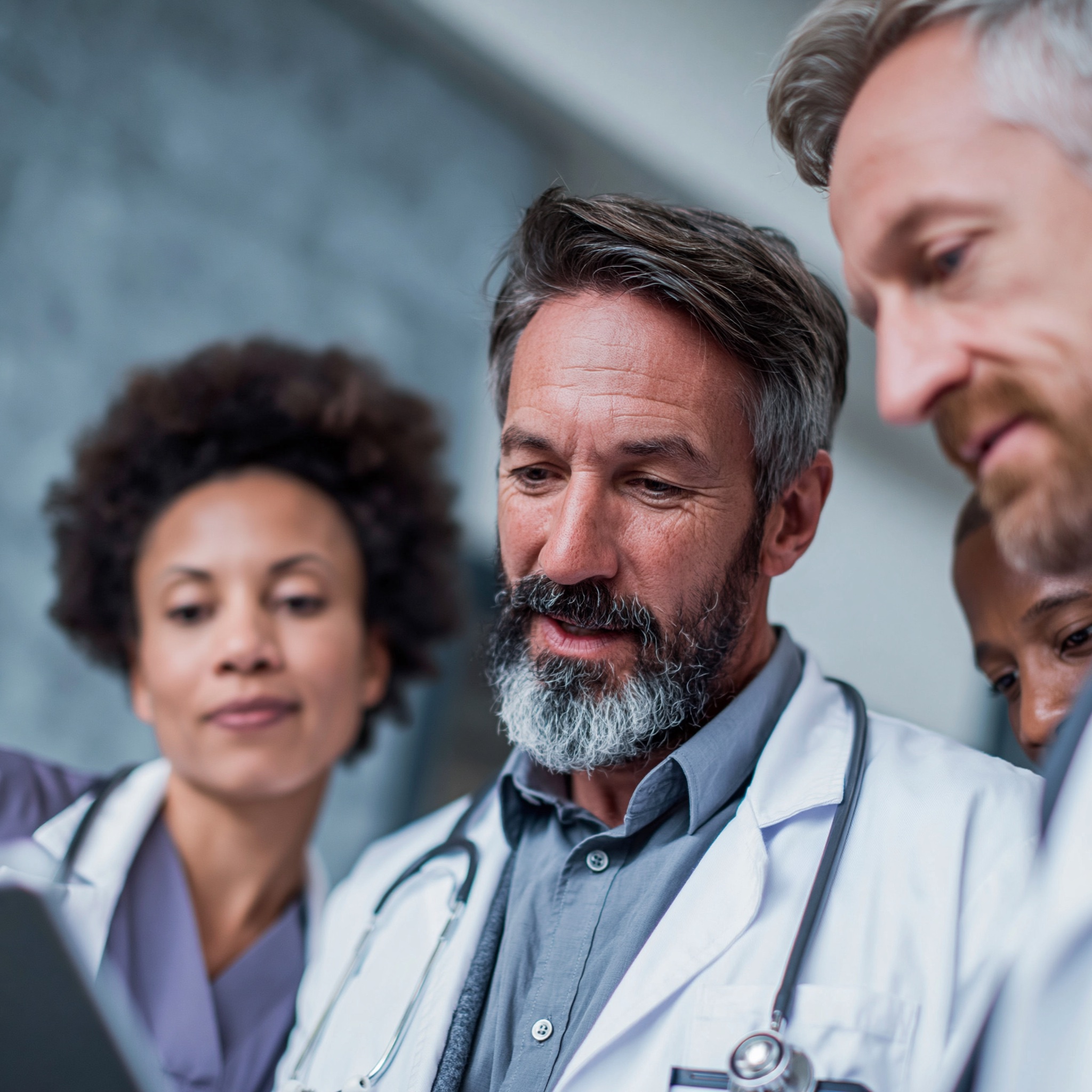 A multidisciplinary clinical team in close consultation, reviewing patient information together