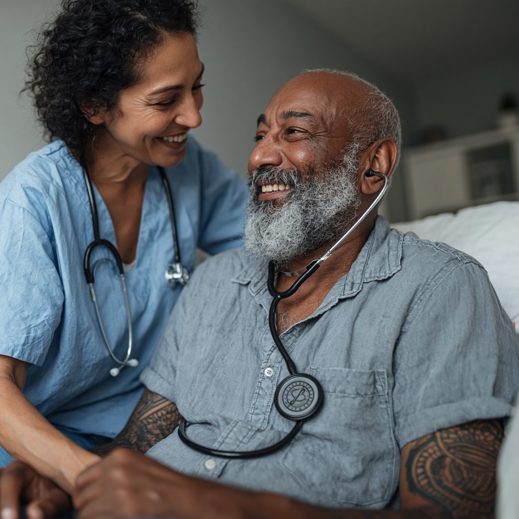 A home health nurse checking a patient's vital signs in a calm, post-discharge home setting