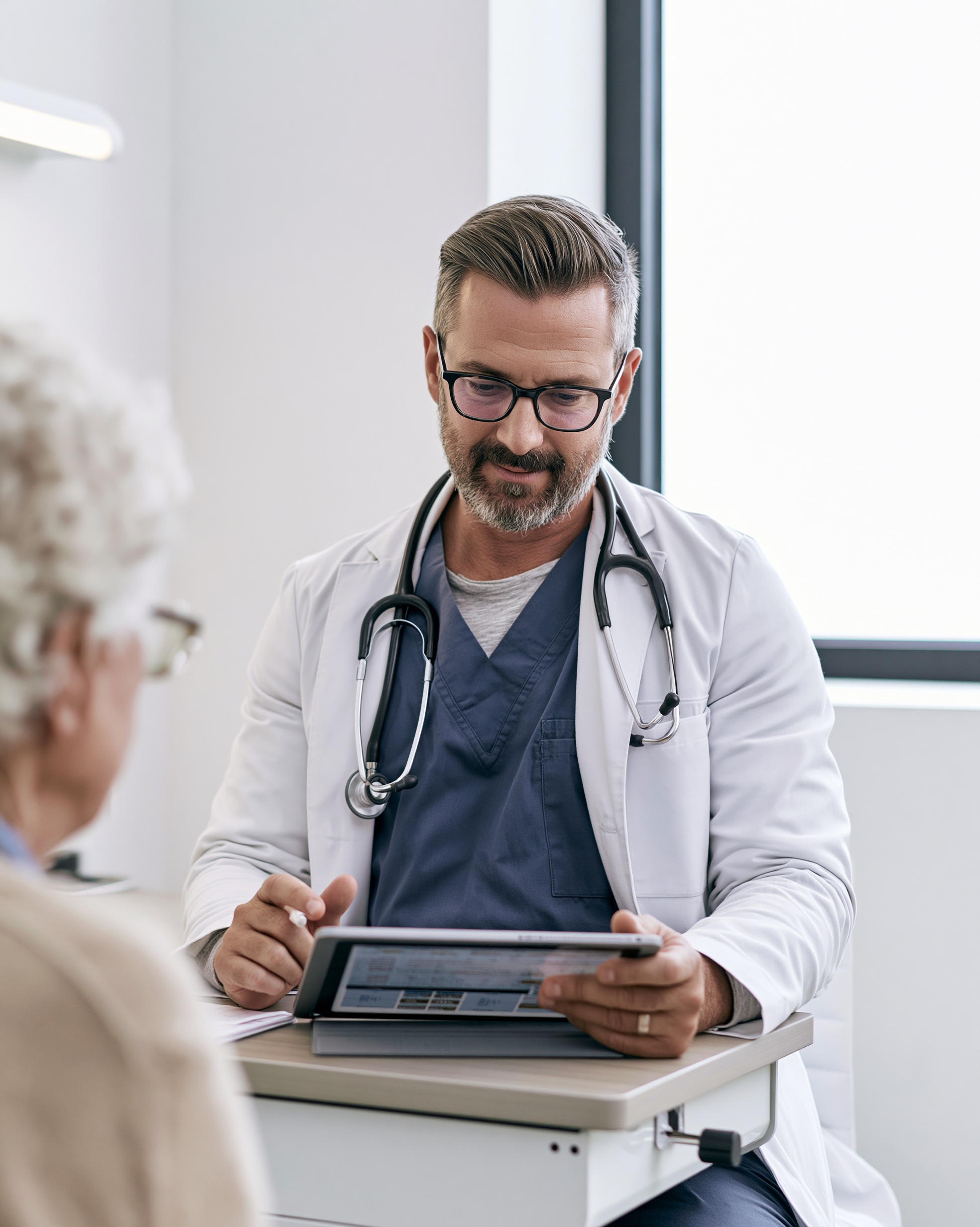 A physician in a clinic consultation room reviewing a tablet with a patient