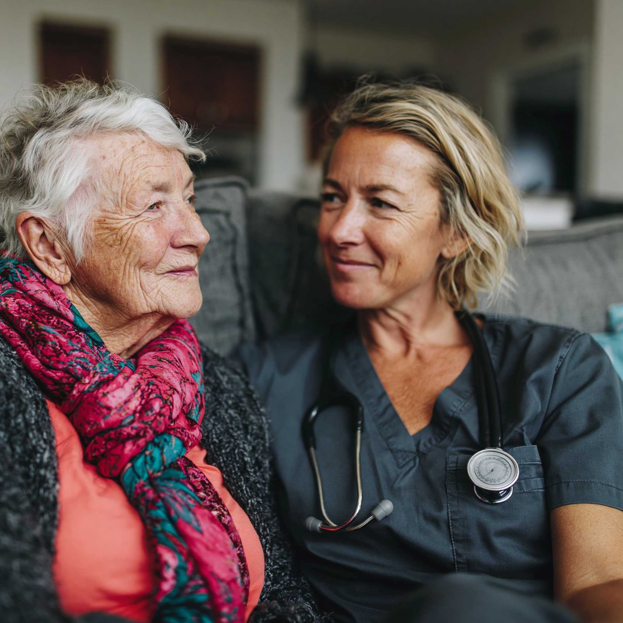 Physical therapist providing compassionate in-home care to an elderly patient