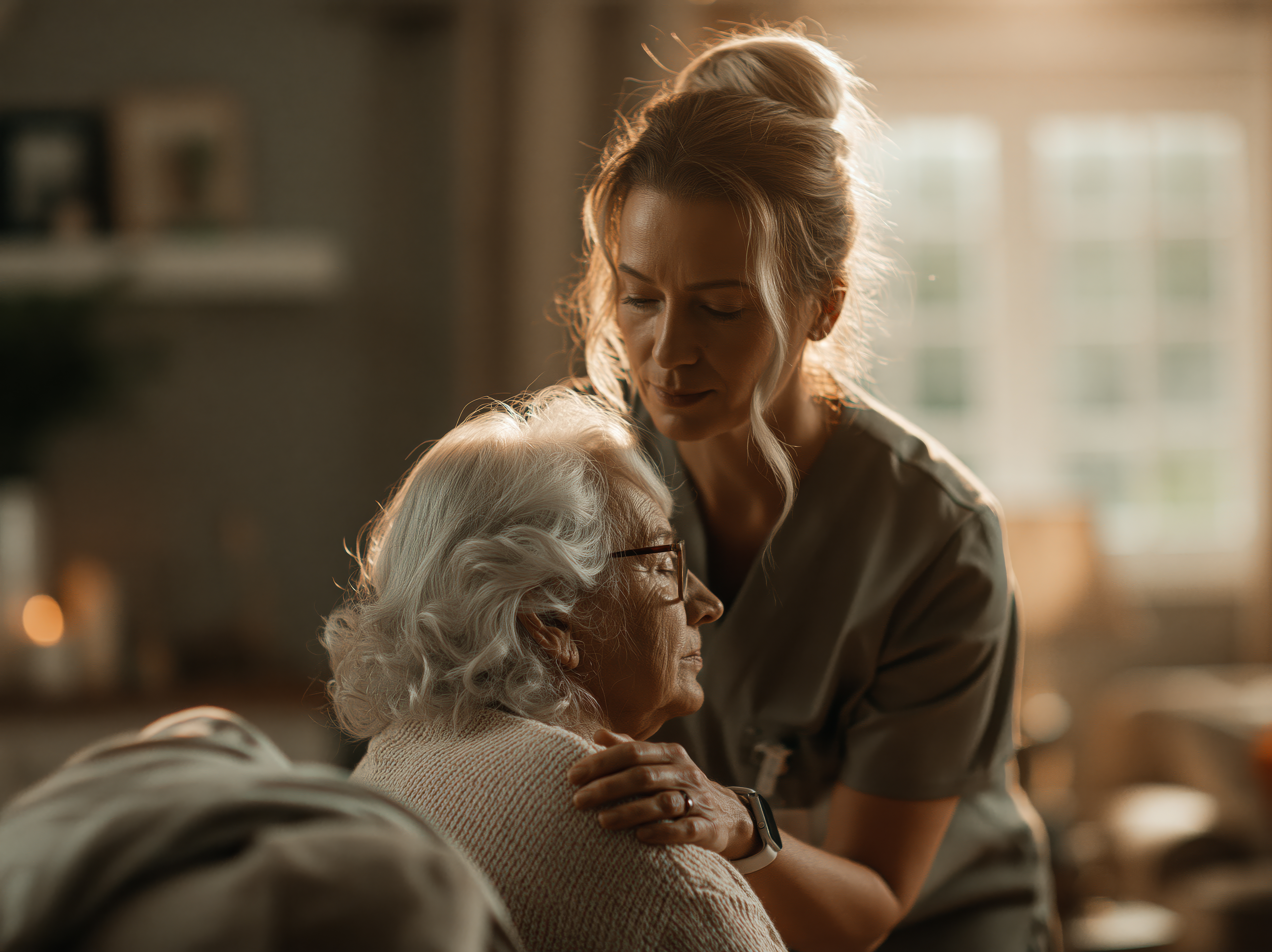 A Kassy Health nurse leaning in with quiet care for an elderly patient at home — twenty years of bringing kindness home, captured in a moment.