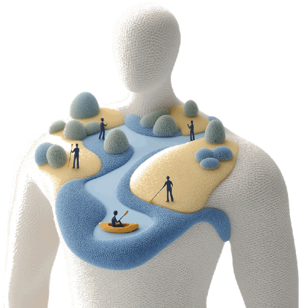Torso silhouette with calming dunes and figures