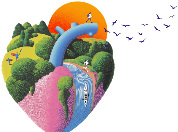 Heart-shaped landscape with biking, running, and kayaking