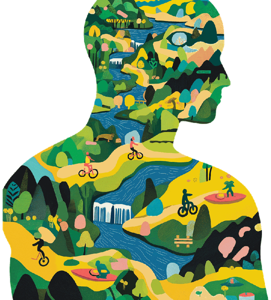 Body silhouette filled with vibrant landscape