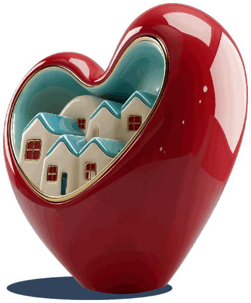 Red ceramic heart sculpture with little homes inside