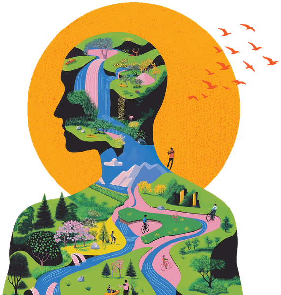 Head silhouette filled with rolling landscape