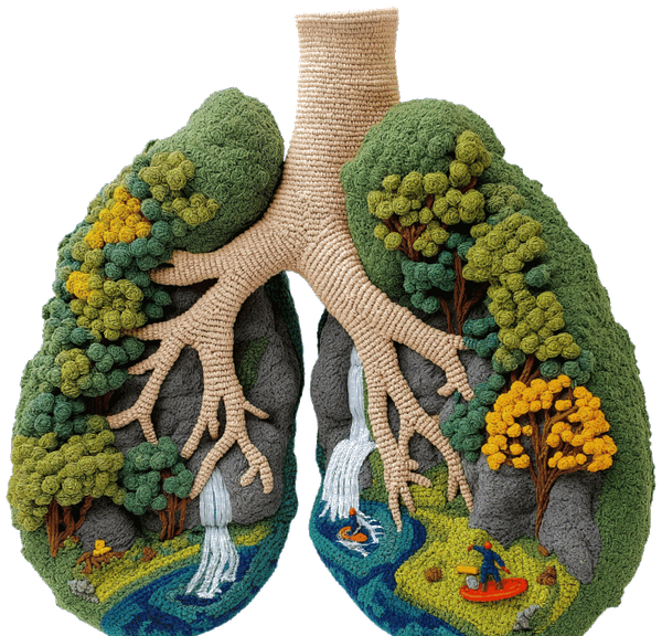 Stylized lungs filled with a forest landscape