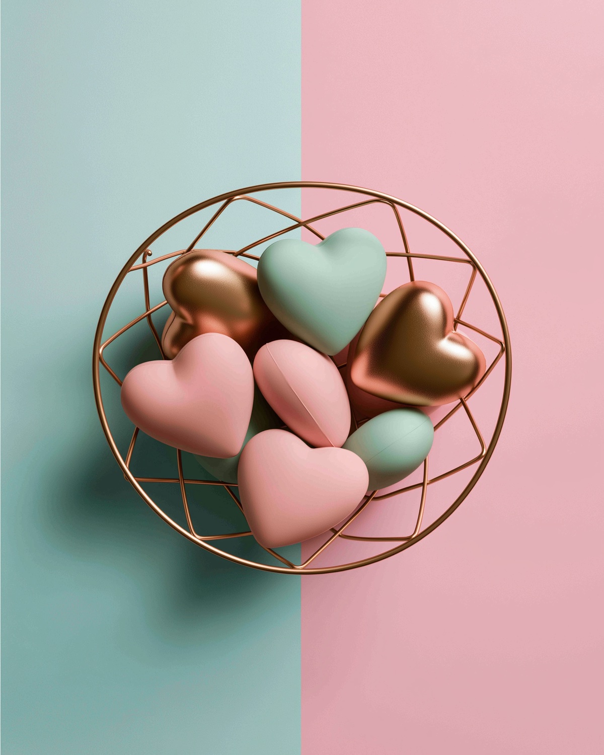 A rose-gold wire basket of pastel hearts on a two-tone background — a calm symbol of quality care